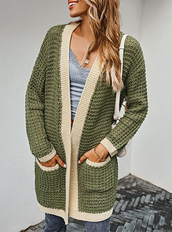 WMNS Loose Knit Cardigan Sweater - Front Pockets and Trim